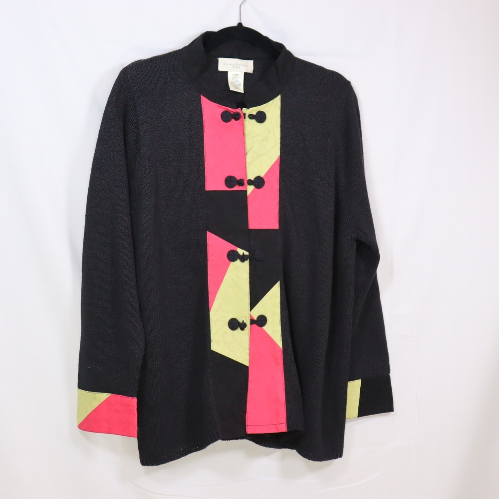 Susan Bristol Cardigan Sweater 1W Black Womens Art Deco Frog Closure